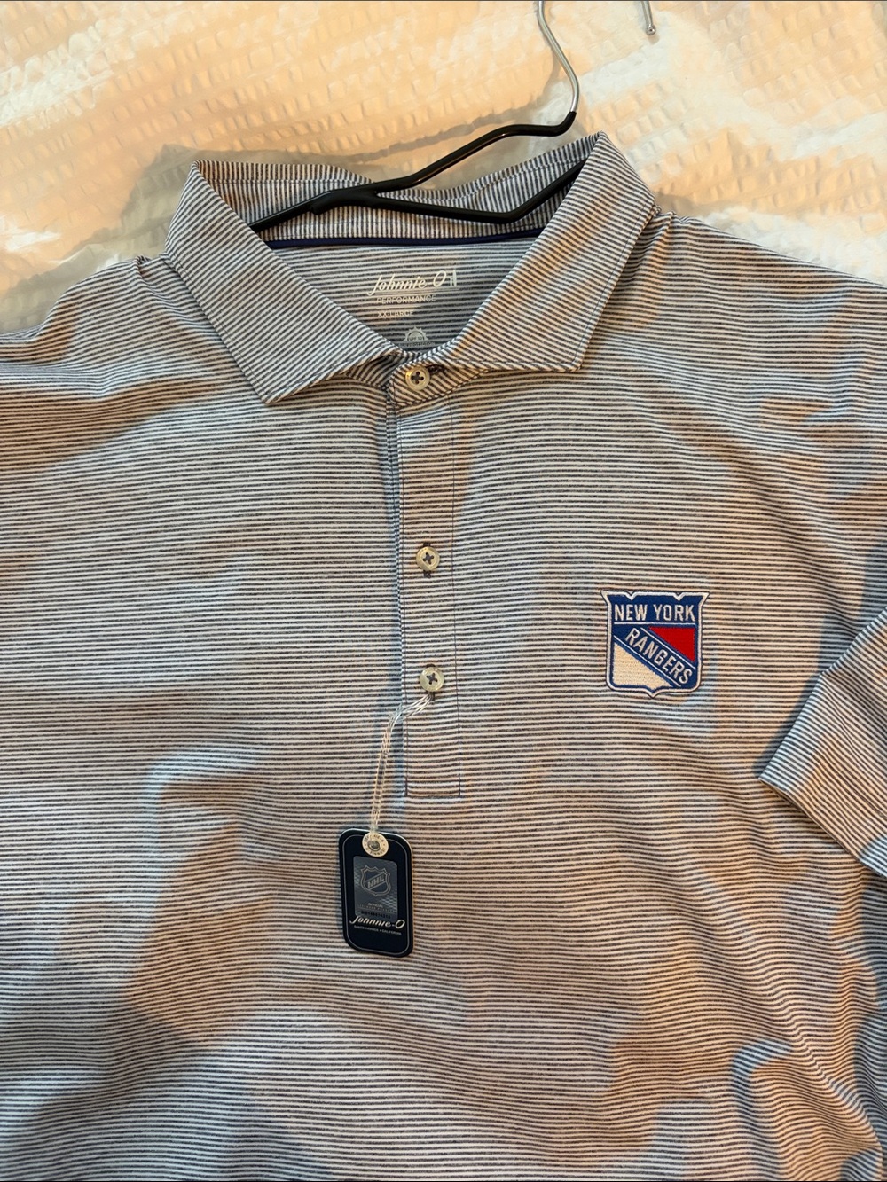 johnnie-O Blue and White Striped Polo with New York Rangers Crest